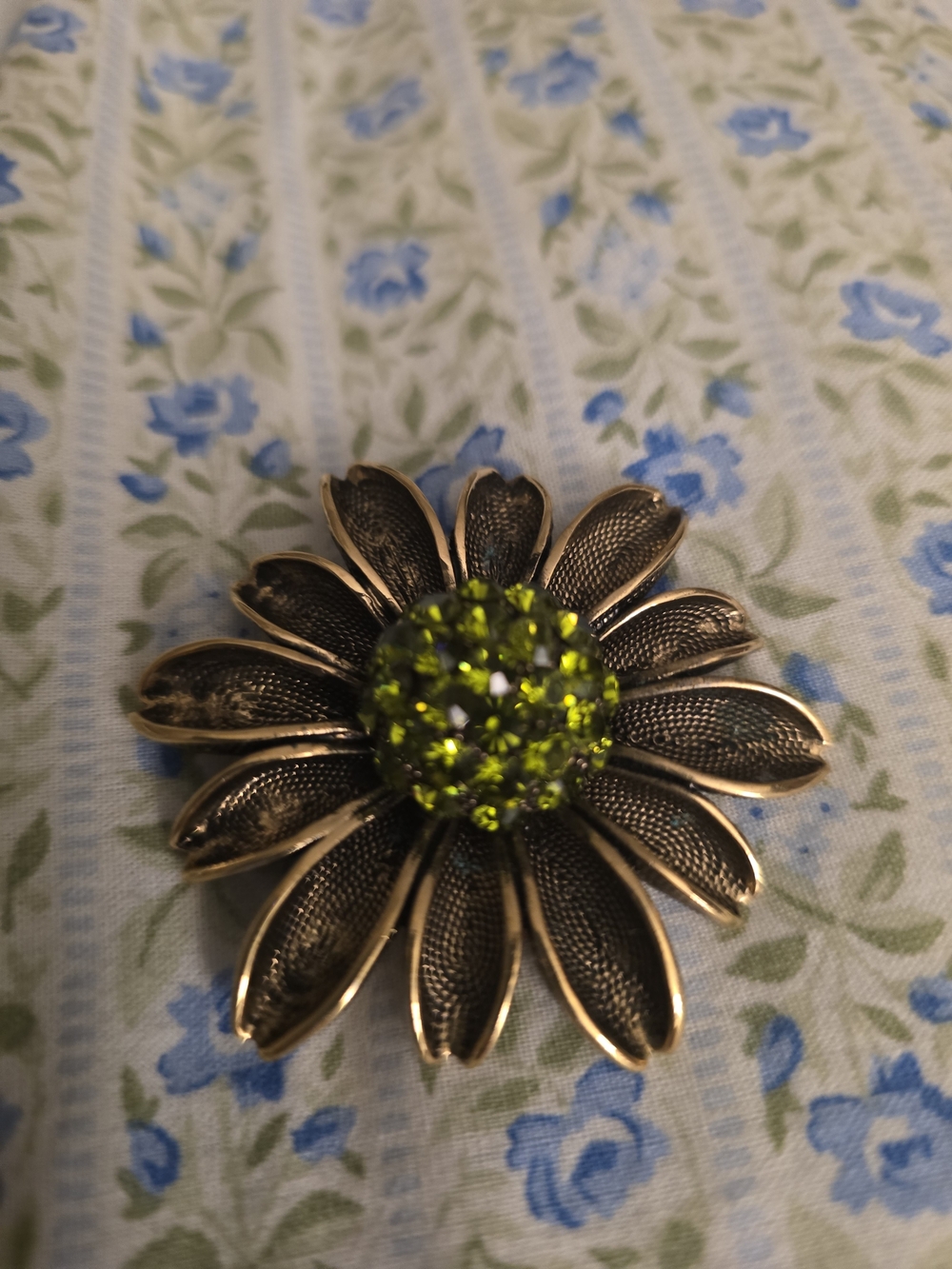 Gold Tone Floral Brooch with Lime Green Crystal Center